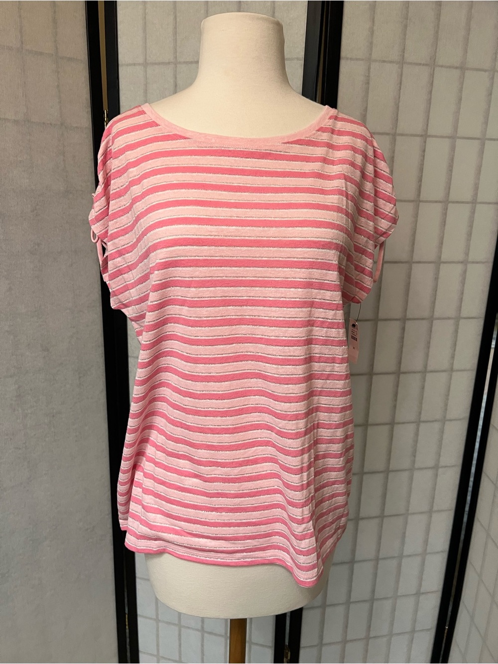 Talbots Pink and Metallic Striped Women’s Linen Short Sleeve Top